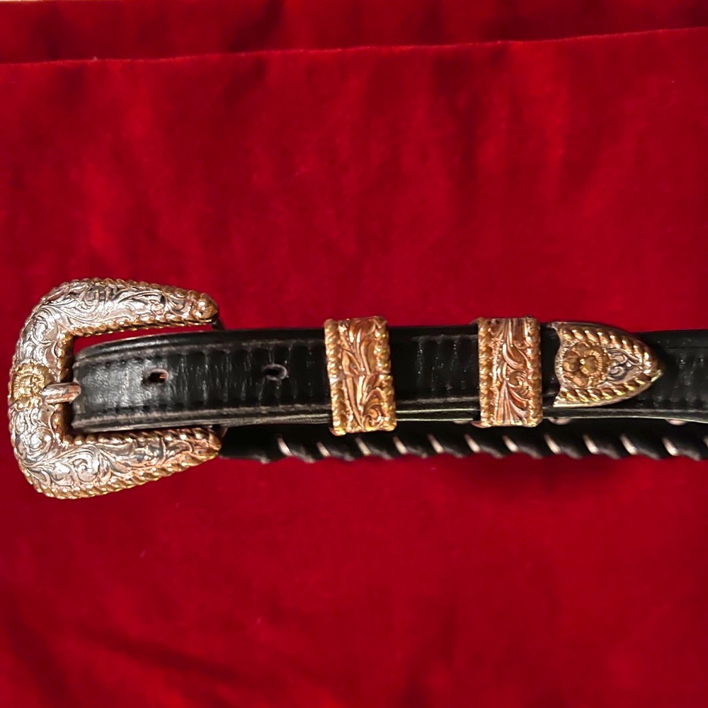Justin Black Leather Belt W/ Silver & Gold Crumrine Buckle & (11) Silver Conchos